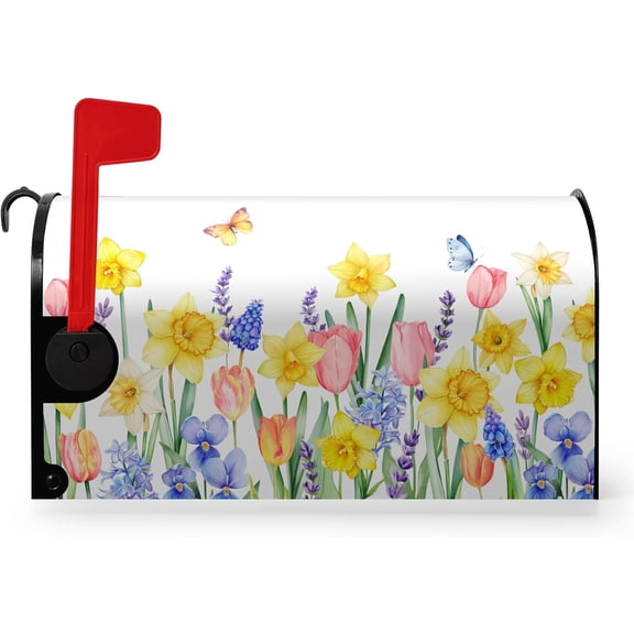 Spring Mailbox Cover Daffodil Tulips Flower Magnetic Mailbox Covers Standard Size 21x18 Inch Summer Colorful Floral Letter Post Box Wraps for Garden Outdoor Decor