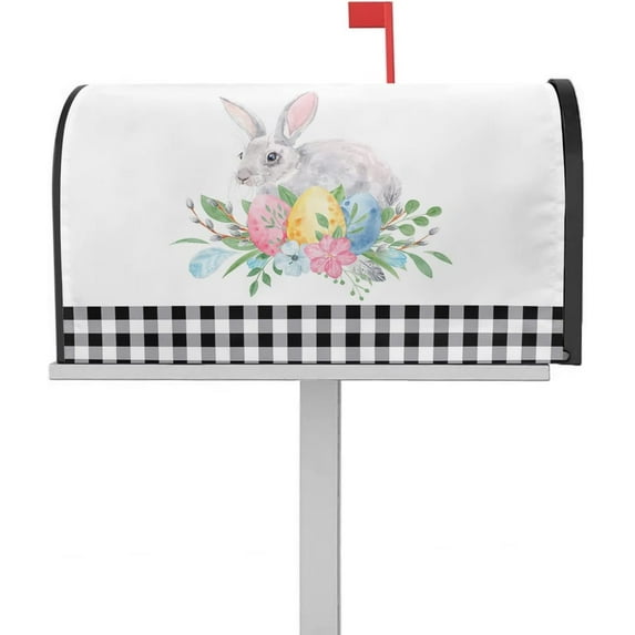 Spring Mailbox Cover Magnetic Mailbox Wraps, Easter Rabbit Eggs Flower Watercolor Painting Black Plaid Mailbox Covers Standard Size 18x21 Inch Mail Wrap Post Box Decoration for Outdoor Gardern Yard