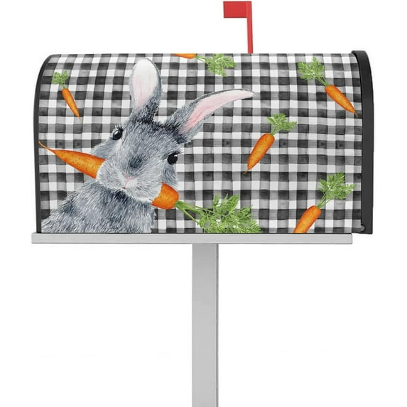 Spring Mailbox Cover Magnetic Mailbox Wraps, Easter Spring Bunny Carrot Black White Plaid Mailbox Covers Large Size 21x25.5 Inch Mail Wrap Post Letter Box Decoration for Outdoor Gardern Yard