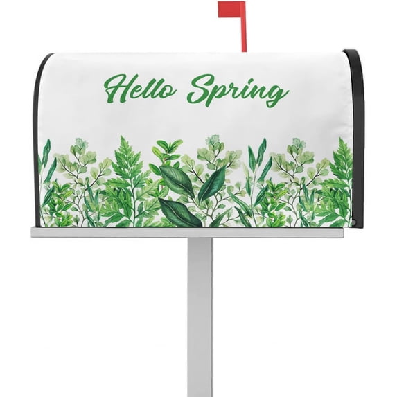 Spring Mailbox Cover Magnetic Mailbox Wraps, Hello Sping Green Plant Pattern Watercolor Mailbox Covers Standard Size 18x21 Inch Mail Wrap Post Letter Box Decoration for Outdoor Gardern Yard