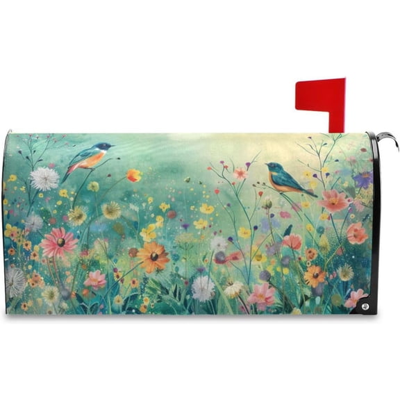 Spring Mailbox Covers, Bird Wildflowers Emerald Green Mailbox Covers Oxford Cloth Post Box Cover with Magnetic Strip for Garden Yard Decor, 18x20.7in, B05X19006