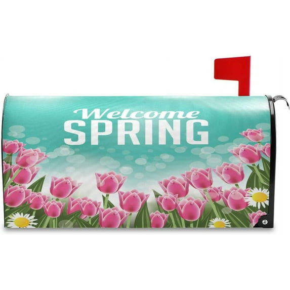 Spring Mailbox Covers, Daisies Tulips Mailbox Covers Oxford Cloth Post Box Cover with Magnetic Strip for Garden Yard Decor