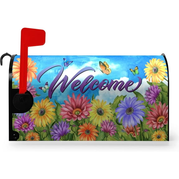 Spring Mailbox Covers Magnetic Flower Daisy Butterfly Mail Box Wraps Welcome Summer Mailbox Post Cover Colorful Floral Autumn Decor Waterproof for Garden Yard Standard Size 21x18 Inch