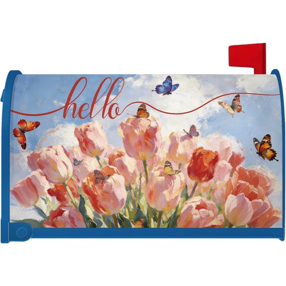 Spring Mailbox Covers Magnetic - Flower Tulip Butterfly Mailbox Covers Magnetic Standard Size, Hello Spring Mail Box Post, Oil Painting Floral Post Wrap Letter Box Decorations, 20x18 Inches
