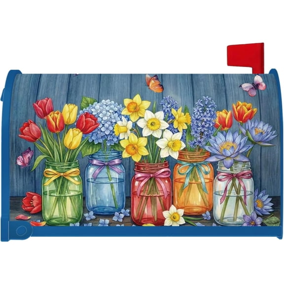 Spring Mailbox Covers Magnetic - Flower Vase Butterfly Mailbox Covers Magnetic Standard Size, Spring Floral Mail Box Post Wrap Letter Box Decorations, 20x18 Inches