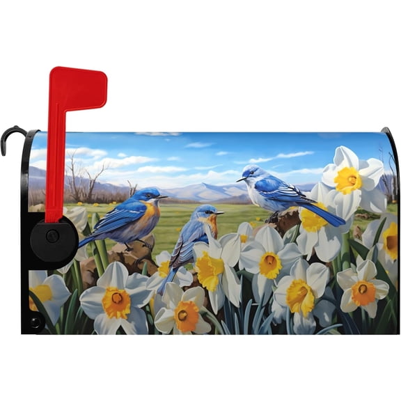 Spring Mailbox Covers Magnetic Spring Summer Bluebirds Daffodil Flower Mail Box Post Cover Floral Bird Blue Sky Mailbox Wraps Yard Decor Waterproof Mailbox Cover Standard Size 21x18 Inch