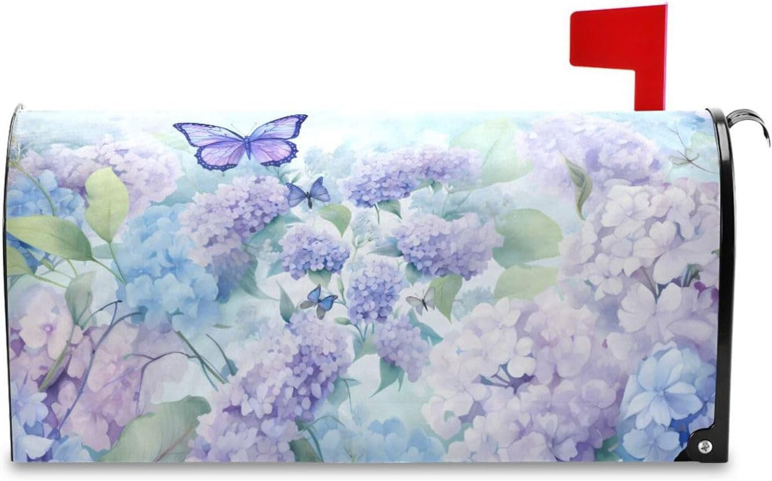 Spring Mailbox Covers, Purple Hydrangea Butterfly Mailbox Covers Oxford Cloth Post Box Cover with Magnetic Strip for Garden Yard Decor