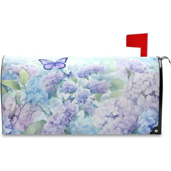 Spring Mailbox Covers, Purple Hydrangea Butterfly Mailbox Covers Oxford Cloth Post Box Cover with Magnetic Strip for Garden Yard Decor