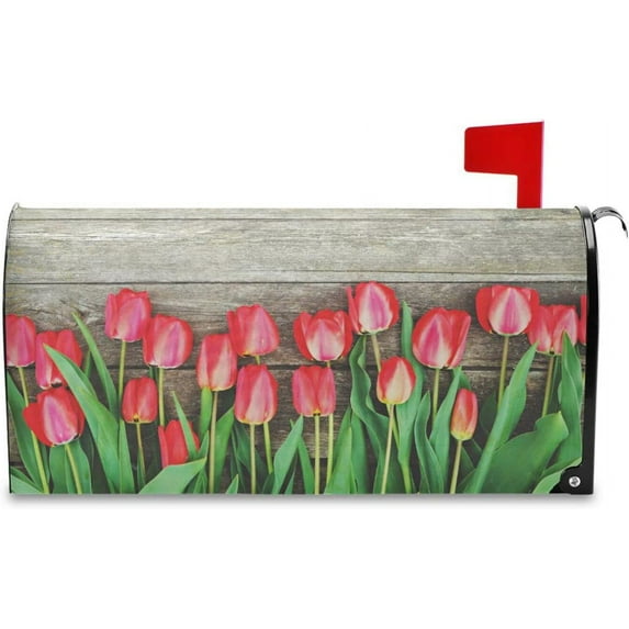 Spring Mailbox Covers, Red Tulip Flowers Mailbox Covers Oxford Cloth Post Box Cover with Magnetic Strip for Garden Yard Decor