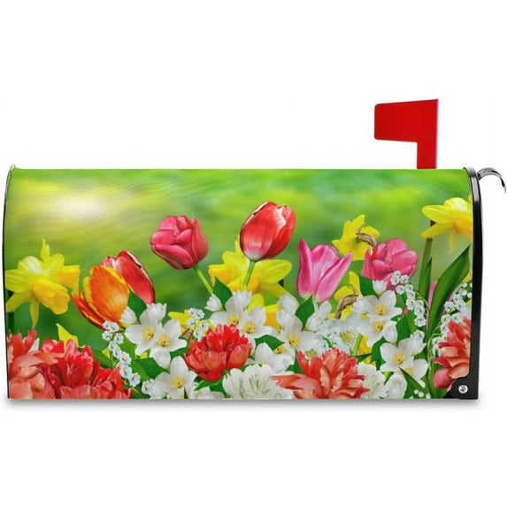 Spring Mailbox Covers, Spring Flower Daffodils Tulips Mailbox Covers Oxford Cloth Post Box Cover with Magnetic Strip for Garden Yard Decor