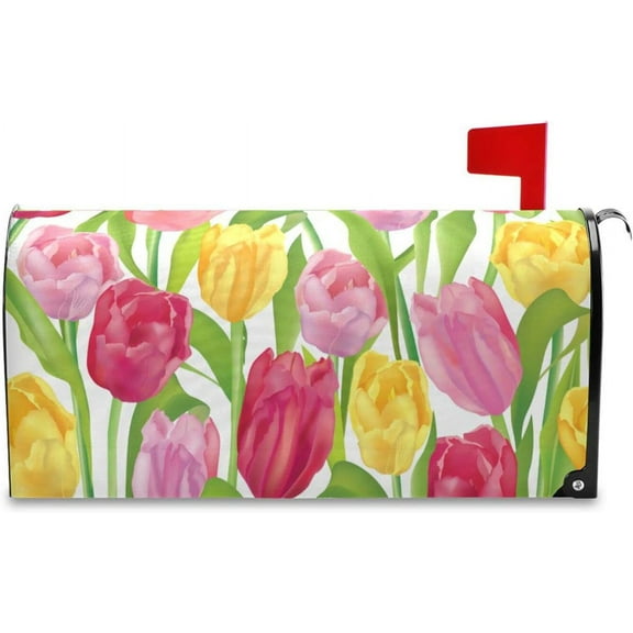 Spring Mailbox Covers, Spring Flower Tulips Mailbox Covers Oxford Cloth Post Box Cover with Magnetic Strip for Garden Yard Decor