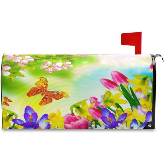 Spring Mailbox Covers, Spring Flowers Butterfly Mailbox Covers Oxford Cloth Post Box Cover with Magnetic Strip for Garden Yard Decor