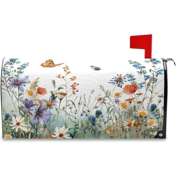 Spring Mailbox Covers, Wildflowers Butterflies Botanical Mailbox Covers Oxford Cloth Post Box Cover with Magnetic Strip for Garden Yard Decor