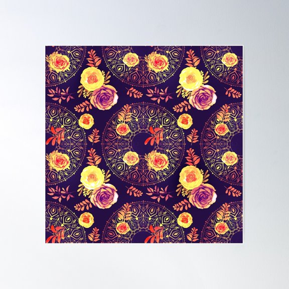 Spring Mandalas And Roses Bright Garden Poster Wall Art, Modern Wall Decor For Living Room Bedroom, 24x24 UNFRAMED