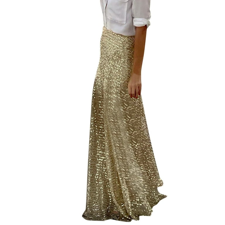 Spring Maxi Skirt Women Skirts Elastic Waist Gold Sequin Glitter Skirt Elegant Slim Fit Holiday Long Female Floor Length Skirt Skirt Sets Women 2