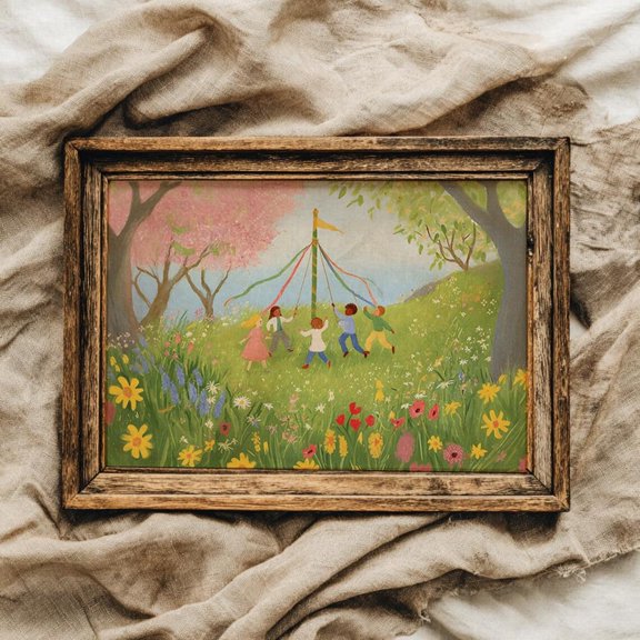 Spring May Day Pole Dancing Folk Illustration Nursery Maypole Hosting Wall Art Collection