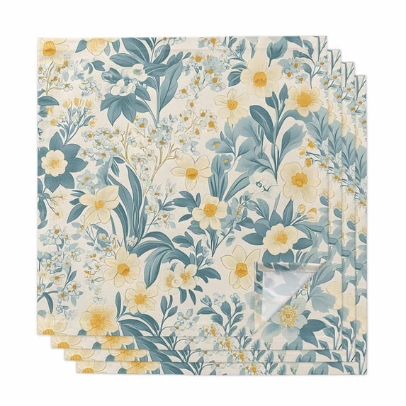 Spring Meadow Blooms Cloth Napkins, Teal Yellow Botanical Washable and Reusable Dinner Napkins Set of 4, Table Napkin for Kitchen Party Birthday Wedding Hotel Housewarming 20"x20"