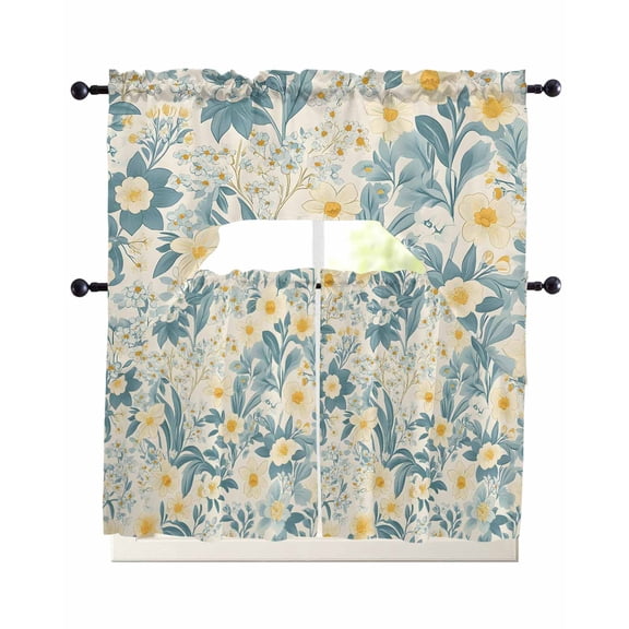 Spring Meadow Blooms Kitchen Curtains Set for Windows 3 Piece Cafe Curtains 24 Inch Length Swag Curtains Valances and Tier Set Teal Yellow Botanical Drapes for Bedroom Bathroom Living Room