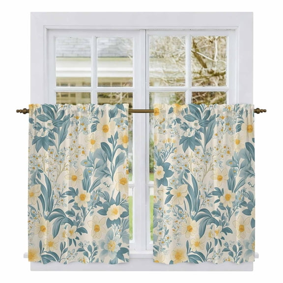 Spring Meadow Blooms Kitchen Curtains, Teal Yellow Botanical Light Filtering Window Curtain Panels, 2Pcs Rod Pocket Window Treatments Set for Cabin Bathroom Bedroom 52x45 Inches