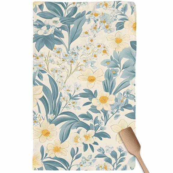 Spring Meadow Blooms Kitchen Towel Dish Cloths Set of 1, Microfiber Soft Kitchen Hand Towels, Teal Yellow Botanical Absorbent Quick Drying Dishcloths 18 x 28 Inches