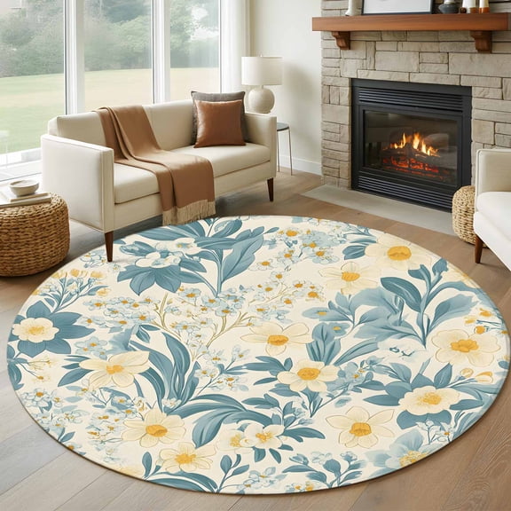 Spring Meadow Blooms Round Area Rug 5 FT, Non Slip Bedroom Rugs, Teal Yellow Botanical Washable Soft Circular Carpet Non-Shedding Floor Mat for Kitchen Dining Room Foyer Balcony Dorm