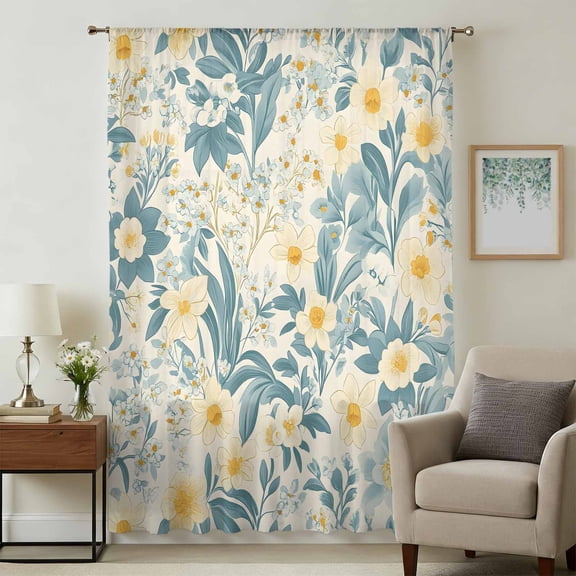Spring Meadow Blooms Sheer Curtains 45 Inches Long, Teal Yellow Botanical Light Filering Curtains, Breathable Simi Curtain Privacy Drapes for Kitchen Bathroom Lightweight Small Window Treatment