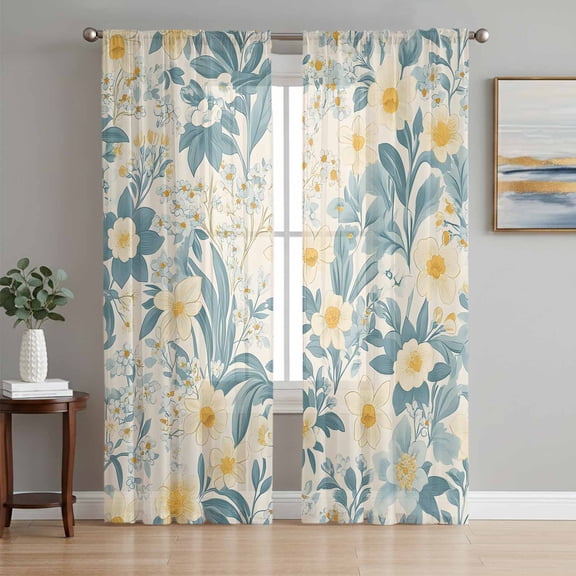 Spring Meadow Blooms Sheer Curtains 63 Inch Length 2 Panels Set, Teal Yellow Botanical Voile Window Treatment Rod Pocket Curtains Sheers Drapes for Bedroom/Living Room/Kitchen 52x"63"x2