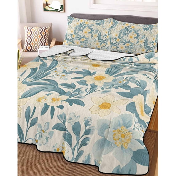 Spring Meadow Blooms Twin XL Size Down Alternative Comforter, Lightweight Comforter Quilt Bedding Set with Pillow Shams Teal Yellow Botanical All Seasons Bed Comforter Duvet Insert 68"x98"
