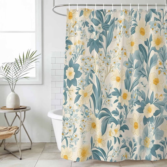 Spring Meadow Blooms Waterproof Fabric Shower Curtain, Teal Yellow Botanical Waterproof Fabric Shower Curtain for Bathroom Curtains Bathtubs Hotel Washable Shower Curtains with 12 Hooks Stall 54x78in