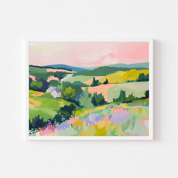 Spring Meadow Pastel Hillside Landscape Art Print, Unframed Paper Print Size 8x12