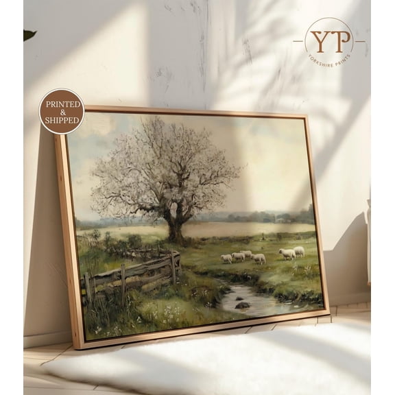 Spring Meadow Pastoral Landscape Sheep Vintage Fine Art Wall Art, Stretched Canvas 8x10in