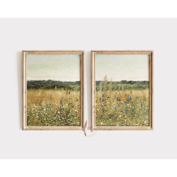Spring Meadow Print Set Wild Flowers Field Vintage Antique Set 2 Unframed Paper Print 8x12