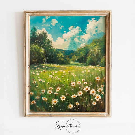 Spring Meadow, Scattered Daisy Blooms in Fresh Green Field, Nature Landscape Art, Rustic Wall Decor, Pastoral Beauty 616 Unframed Paper Print