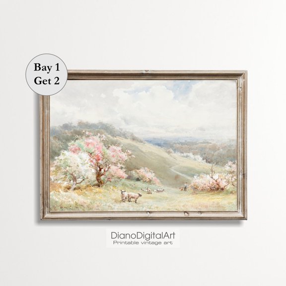 Spring Meadow Sheep Landscape Print, Unframed Paper Poster 16x20in