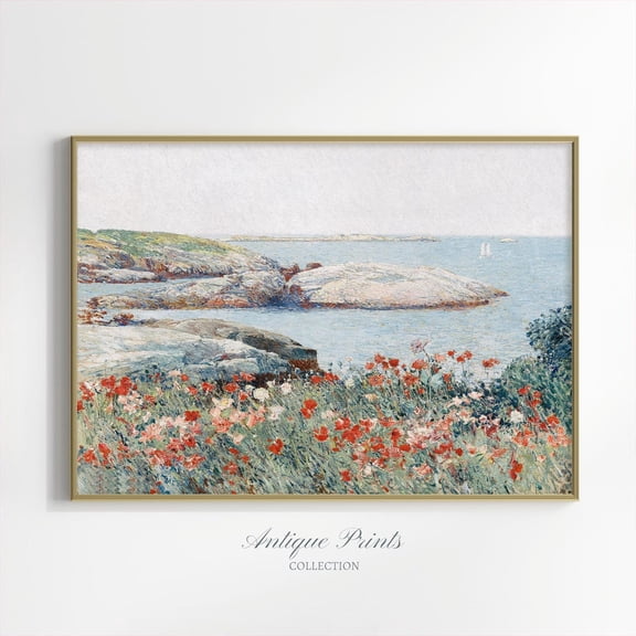 Spring Meadow, Vintage Seascape, Poppies Wall Art, Spring Flowers Antique Wall Art, Neutral Coastal Wall Art, Unframed Paper Print