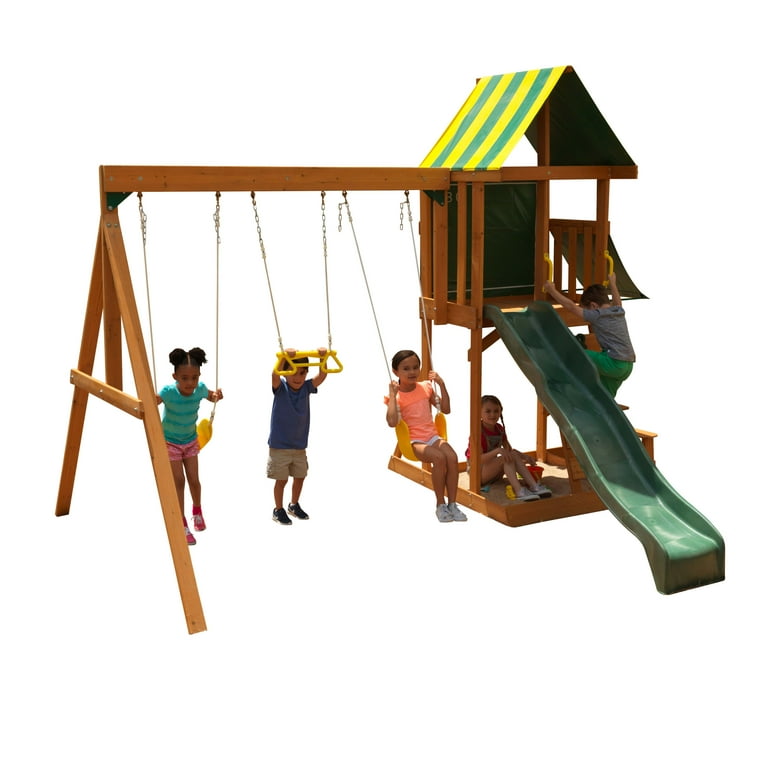 Spring Meadow Wooden Backyard Outdoor Swing Set with Slide and