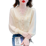 Spring Models Of Fashionable Fashionable V-Neck Small Shirt Chiffon Splicing French Ageing Ice Cool Silk Blouse Female