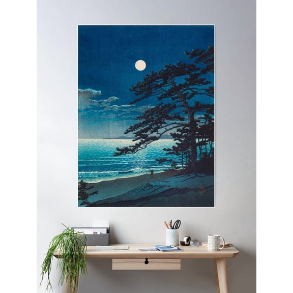 Spring Moon At Ninomiya Beach By Kawase Hasui Vintage Japanese Woodblock Print East Asian Cultural Art Poster Wall Art, Modern Wall Decor For Living Room Bedroom, 8x12 UNFRAMED