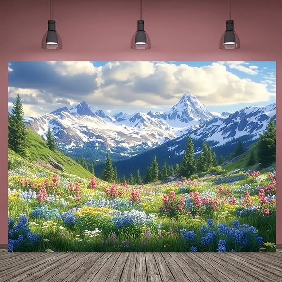 Spring Mountain Landscape Backdrop Snow-Capped Peaks Lush Greenery Photography Background Blooming Wildflower Nature Scenery Birthday Party Decorations Banner Supplies Photo Booth Props