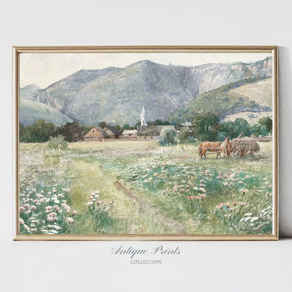 Spring Mountain Landscape Wall Art, Vintage Blossom Poster, Neutral Summer Wall Art, Country,, Stretched Canvas Size 8x12