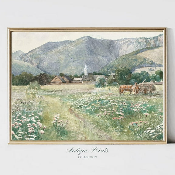 Spring Mountain Landscape Wall Art, Vintage Blossom Poster, Neutral Summer Wall Art, Country,, Unframed Poster Size 12x18