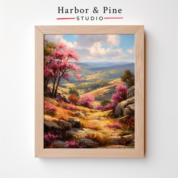 Spring Mountain Valley Landscape Pink Trees Wall Art, Unframed Paper Poster 8x10in