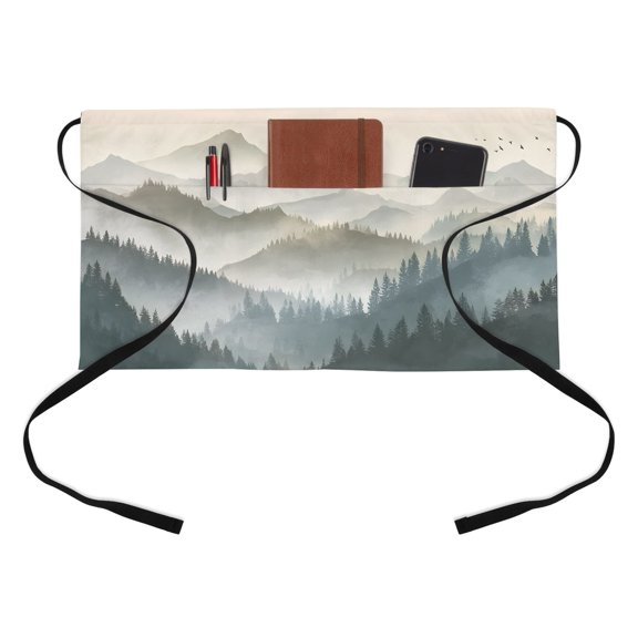Spring Mountains Half Waist Apron Water Ink Painting Forest Nature Scenery Short Waiter Aprons with 3 Pockets for Women Men Kitchen Restaurant Cooking
