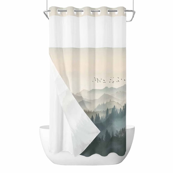 Spring Mountains No Hooks Shower Curtain with Snap-in Liner Water Ink Painting Forest Nature Scenery Shower Curtains for Bathroom, Waterproof, Easy Install, Washable 36"x78"