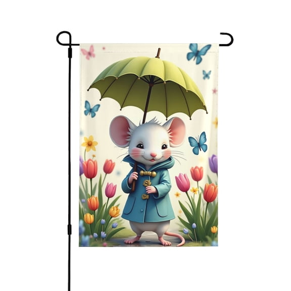 Spring Mouse Garden Flag 12x18 Inch， Double Sided Cute Mouse With Umbrella Raincoat Design Yard Flag， Outdoor Spring Garden Decor， Floral Butterfly House Flag， Seasonal Welcome Yard Banner