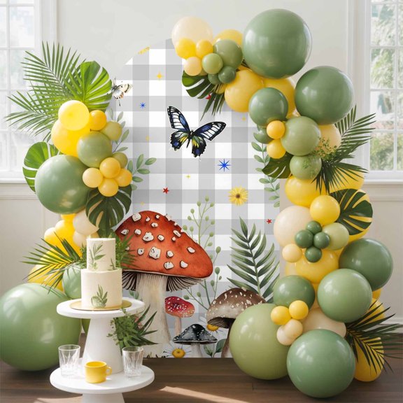 Spring Mushroom Arch Backdrop Cover, 5FT, Daisy Butterfly Leaf Light Gray Plaid Spandex Arch Covers Double-Sided Backdrop for Wedding Birthday Party Photo Background Decoration