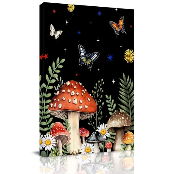 Spring Mushroom Canvas Wall Art for Living Room, Daisy Butterfly Leaf Black Poster Print Painting for Bedroom Office Home Decoration Wall Pictures Prepare To Hang 8"x12"