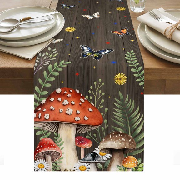 Spring Mushroom Cotton Linen Table Runner Daisy Butterfly Leaf Walnut Wood Dining Table Runners for Home Decor Party Dining Room Restaurant Kitchen Party 13" x 36"
