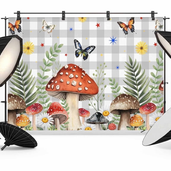 Spring Mushroom Photography Backdrop 10x8FT, Daisy Butterfly Leaf Light Gray Plaid Photo Backdrops, Background for Photography Studio Photo Studio Background, Back Drop for Photoshoot