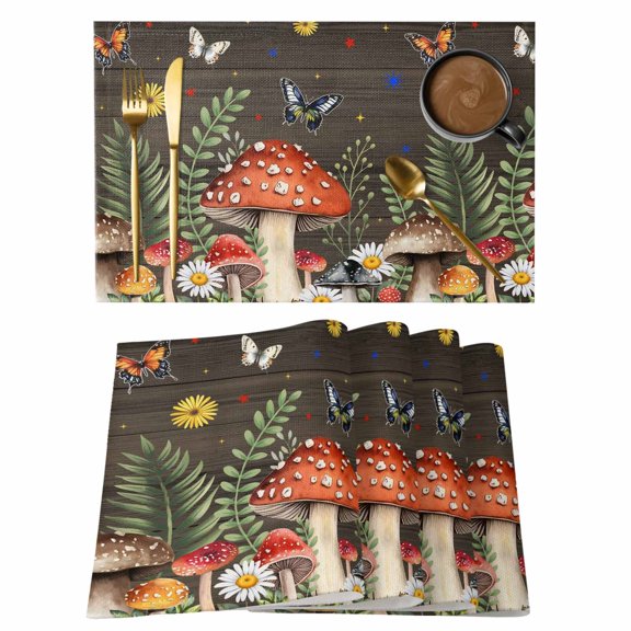 Spring Mushroom Placemats Set of 1, Daisy Butterfly Leaf Walnut Wood Non-Slip Place Mats Washable Table Mats for Kitchen Dining Table Decorations Indoor/Outdoor